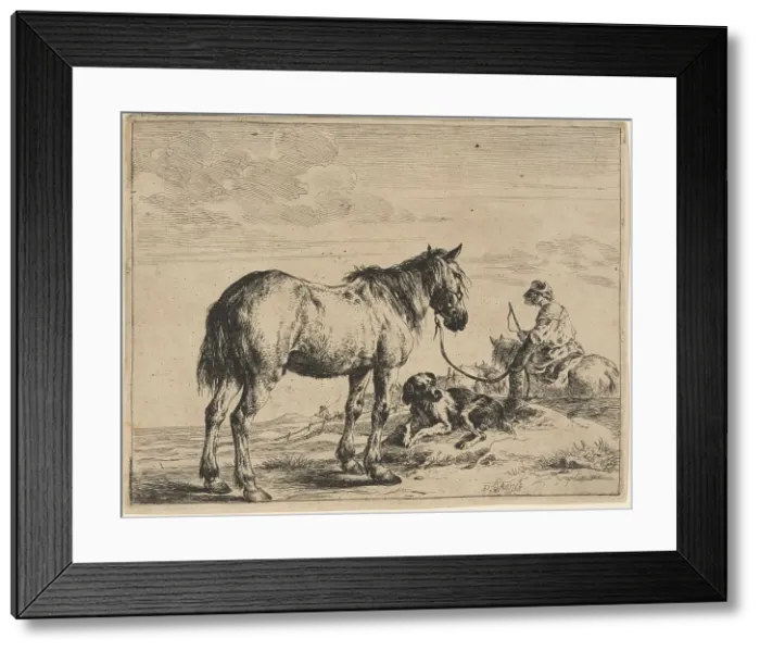 Framed Print : A Horse Bound to a Post with a Reclining Dog, 1651. Creator: Dirck Stoop Framed Print : A Horse Bound to a Post with a Reclining Dog, 1651. Creator: Dirck Stoop