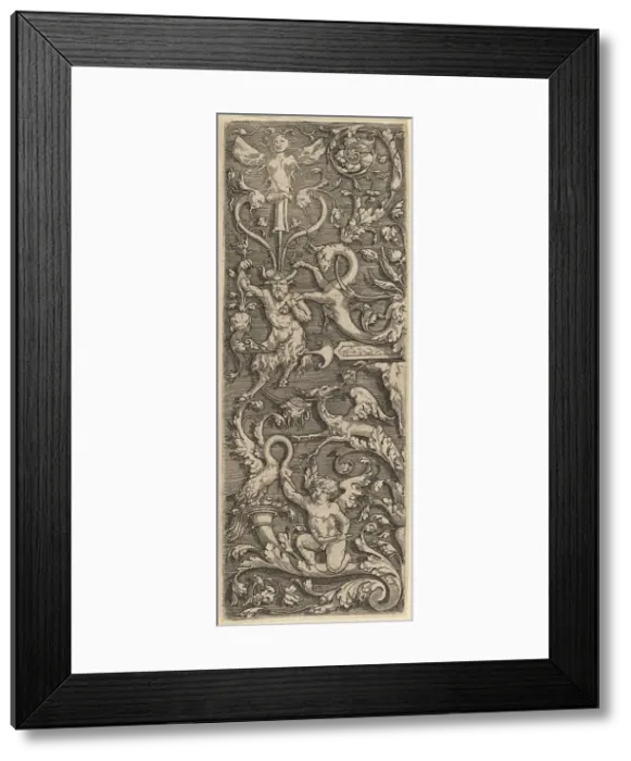 Framed Print : Ornament with a Cupid, a Satyr, and Grotesque Figures. Creator: Master of the Horse Heads Framed Print : Ornament with a Cupid, a Satyr, and Grotesque Figures. Creator: Master of the Horse Heads