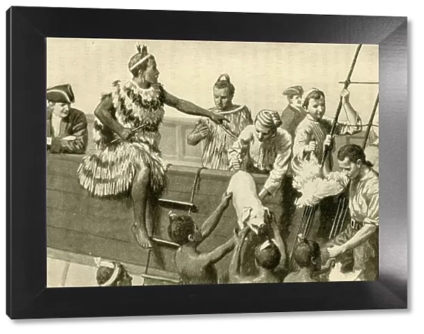 Captain Cook Presenting Pigs and Fowls to the Maoris, (1902). Creator: C. Howard