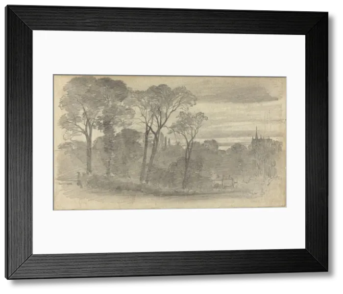 Framed Print : An Evening Landscape with a Distant Cathedral. Creator: Birket Foster