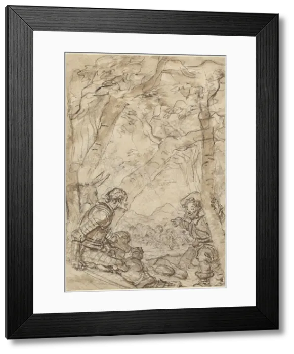 Framed Print : Don Quixote and Sancho Panza Witness the Attack on Rocinante, 1780s. Creator: Jean-Honore Fragonard Framed Print : Don Quixote and Sancho Panza Witness the Attack on Rocinante, 1780s. Creator: Jean-Honore Fragonard
