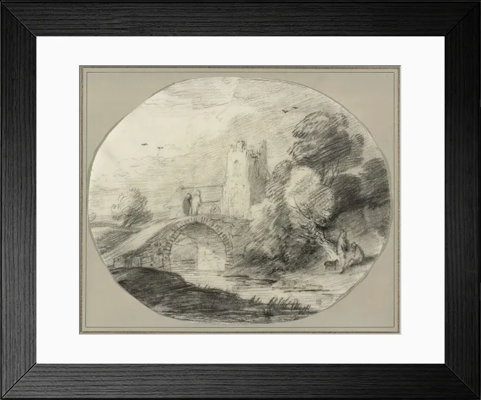 Framed Print : River Landscape with a Bridge and a Church, 1781. Creator: Thomas Gainsborough Framed Print : River Landscape with a Bridge and a Church, 1781. Creator: Thomas Gainsborough