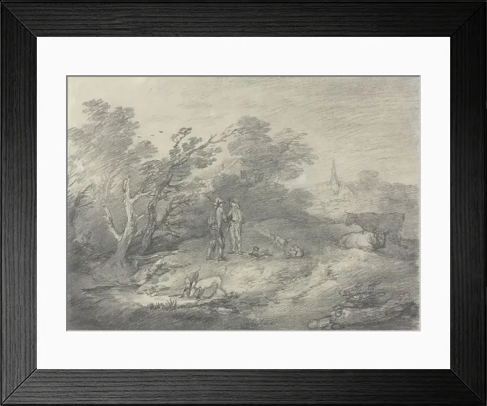 Framed Print : Woods Near a Village with Rabbit Catchers and Their Greyhounds, late 1750s. Creator: Thomas Gainsborough Framed Print : Woods Near a Village with Rabbit Catchers and Their Greyhounds, late 1750s. Creator: Thomas Gainsborough