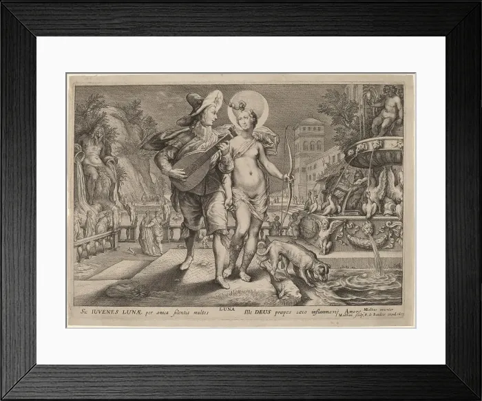 Framed Print : Diana as Luna Accompanying a Young Man Serenading, 1615. Creator: Jacob Matham Framed Print : Diana as Luna Accompanying a Young Man Serenading, 1615. Creator: Jacob Matham