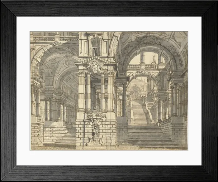 Framed Print : Fantasy of Magnificent Courtyards and Loggie with a Monumental Staircase, early 1770s. Creator: Pietro Gonzaga Framed Print : Fantasy of Magnificent Courtyards and Loggie with a Monumental Staircase, early 1770s. Creator: Pietro Gonzaga