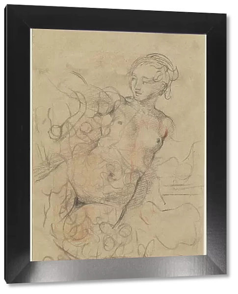 A Reclining Nude with Her Right Arm Raised over a Swift Composition Study [verso], c. 1763. Creator: Jean-Baptiste Deshays