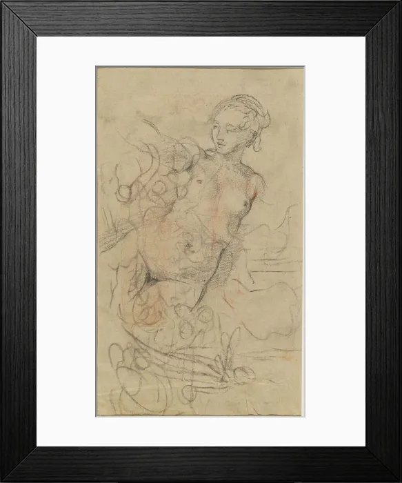 Framed Print : A Reclining Nude with Her Right Arm Raised over a Swift Composition Study [verso], c. 1763. Creator: Jean-Baptiste Deshays