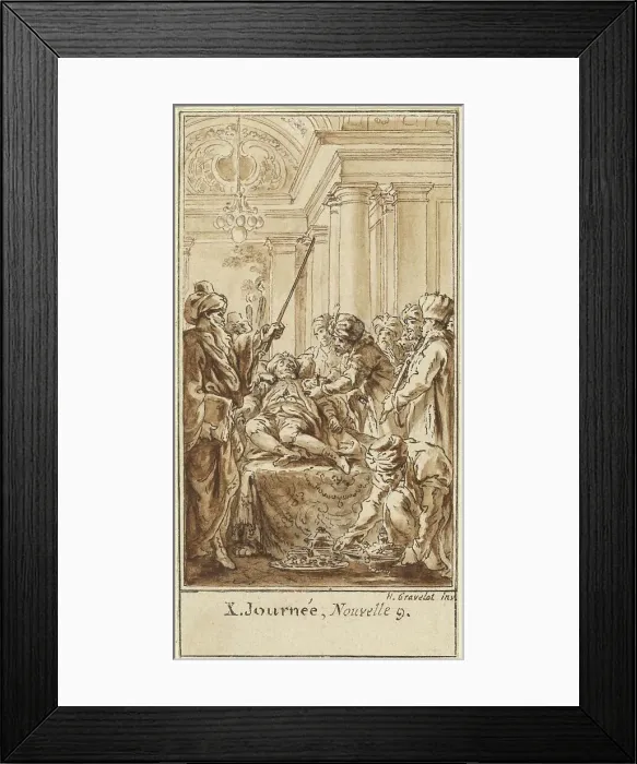 Framed Print : Tenth Day, Ninth Story: Saladin Bestows Rich Gifts on the Sleeping Torello, c. 1757. Creator: Hubert Francois Gravelot Framed Print : Tenth Day, Ninth Story: Saladin Bestows Rich Gifts on the Sleeping Torello, c. 1757. Creator: Hubert Francois Gravelot