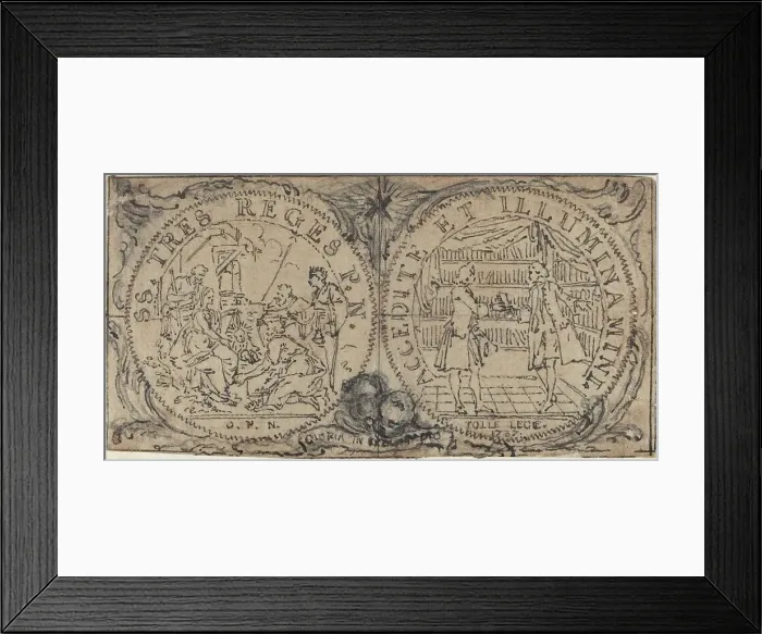 Framed Print : Ornamental Medallions with the Adoration of the Magi and Two Bibliophiles. Creator: Hubert Francois Gravelot Framed Print : Ornamental Medallions with the Adoration of the Magi and Two Bibliophiles. Creator: Hubert Francois Gravelot