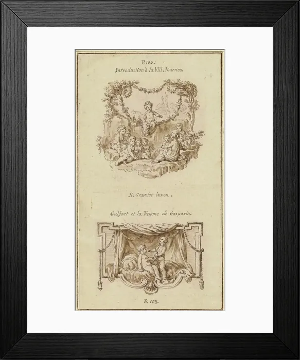 Framed Print : Nine Children Listening to a Girl Tell a Story; A Boy Handing a Purse to a Girl Seated... c. 1757. Creator: Hubert Francois Gravelot Framed Print : Nine Children Listening to a Girl Tell a Story; A Boy Handing a Purse to a Girl Seated... c. 1757. Creator: Hubert Francois Gravelot