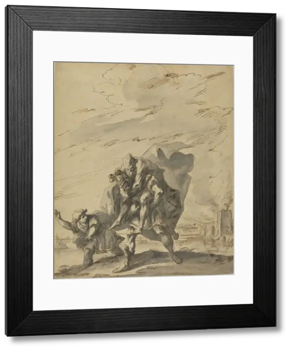 Framed Print : Aeneas Carrying Anchises from Burning Troy, c. 1733. Creator: Gaspare Diziani Framed Print : Aeneas Carrying Anchises from Burning Troy, c. 1733. Creator: Gaspare Diziani