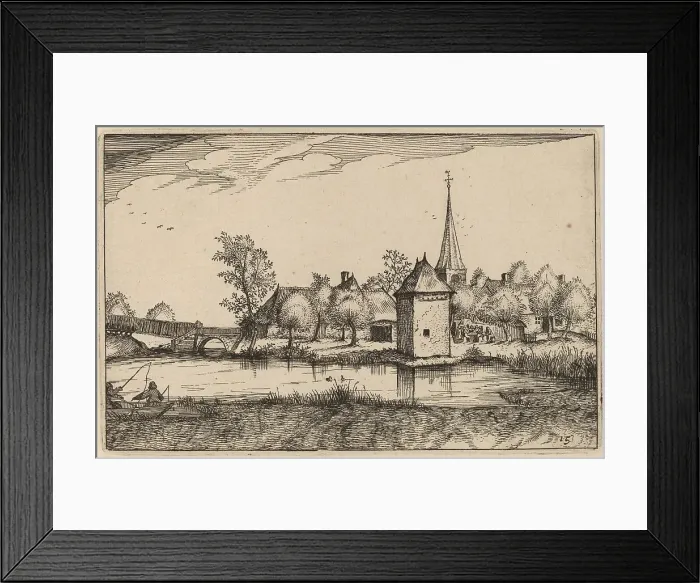 Framed Print : Pond and a Village, published 1612. Creator: Claes Jansz Visscher Framed Print : Pond and a Village, published 1612. Creator: Claes Jansz Visscher