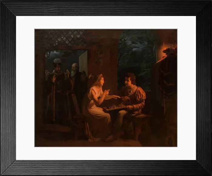 Framed Print : Miranda fait une partie d'échec avec Ferdinand qu'elle accuse, en plaisantant, de tricher, 1822. Creator: Gillot Saint-Evre Framed Print : Miranda fait une partie d'échec avec Ferdinand qu'elle accuse, en plaisantant, de tricher, 1822. Creator: Gillot Saint-Evre