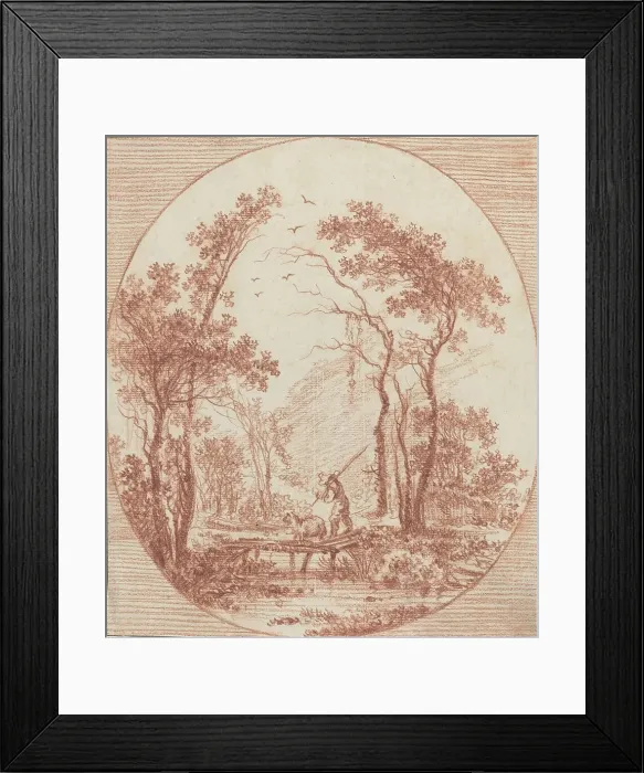 Framed Print : A Farmer and a Sheep Crossing a Rustic Bridge. Creator: Jean Baptiste Le Prince Framed Print : A Farmer and a Sheep Crossing a Rustic Bridge. Creator: Jean Baptiste Le Prince