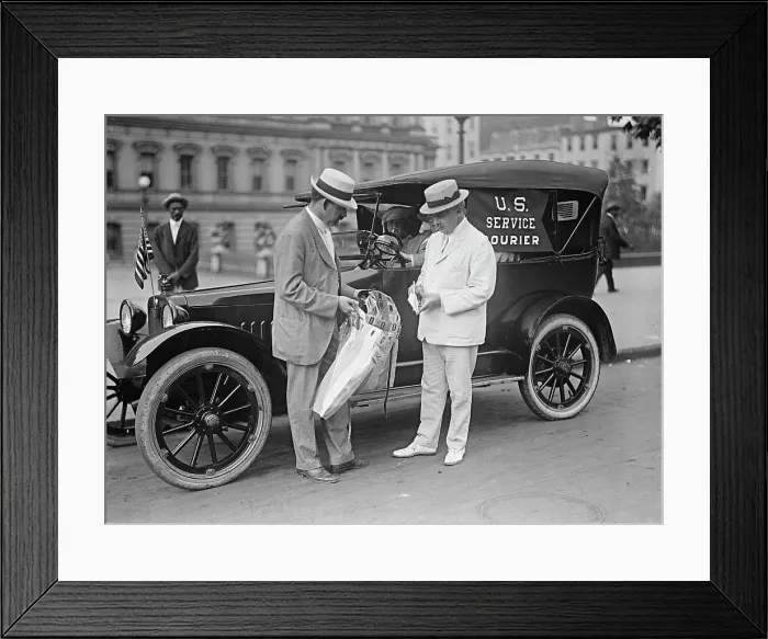 Framed Print : Post Office Department - Auto Mail Transport, U.S. Service Courier': C.H. Claudy... 1917 or 1918. Creator: Harris & Ewing. Post Office Department - Auto Mail Transport, U.S. Service Courier': C.H. Claudy... 1917 or 1918 Framed Print : Post Office Department - Auto Mail Transport, U.S. Service Courier': C.H. Claudy... 1917 or 1918. Creator: Harris & Ewing. Post Office Department - Auto Mail Transport, U.S. Service Courier': C.H. Claudy... 1917 or 1918