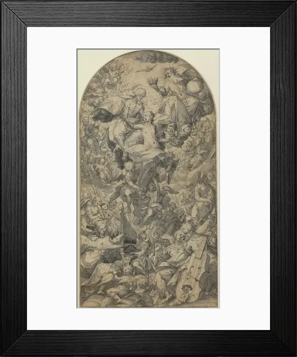 Framed Print : The Coronation of the Virgin with Angel Musicians and All Saints, c. 1590. Creator: Master J.N Framed Print : The Coronation of the Virgin with Angel Musicians and All Saints, c. 1590. Creator: Master J.N