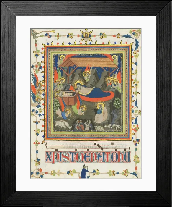 Framed Print : The Nativity with the Annunciation to the Shepherds, c. 1340. Creator: Master of the Dominican Effigies Framed Print : The Nativity with the Annunciation to the Shepherds, c. 1340. Creator: Master of the Dominican Effigies