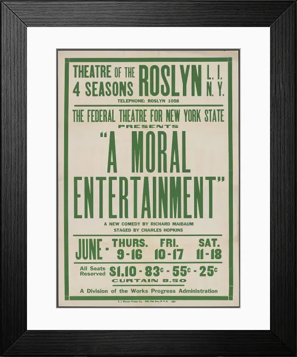 Framed Print : A Moral Entertainment, Roslyn, NY, 1938. Creator: Unknown Framed Print : A Moral Entertainment, Roslyn, NY, 1938. Creator: Unknown