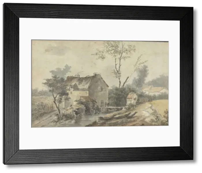 Framed Print : Mill with Bridge and Figures. Creator: Louis Gabriel Moreau Framed Print : Mill with Bridge and Figures. Creator: Louis Gabriel Moreau
