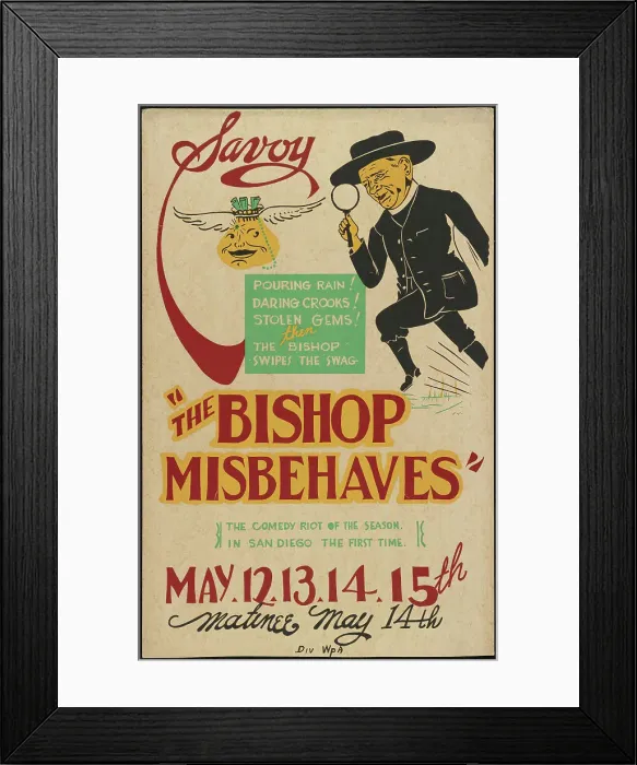 Framed Print : The Bishop Misbehaves, San Diego, 1938. Creator: Unknown Framed Print : The Bishop Misbehaves, San Diego, 1938. Creator: Unknown