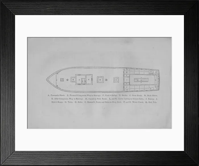 Framed Print : A. Forecastle hatch. B. Forward companion way to steerage. F. Cook's galley, 1857. Creator: Unknown Framed Print : A. Forecastle hatch. B. Forward companion way to steerage. F. Cook's galley, 1857. Creator: Unknown
