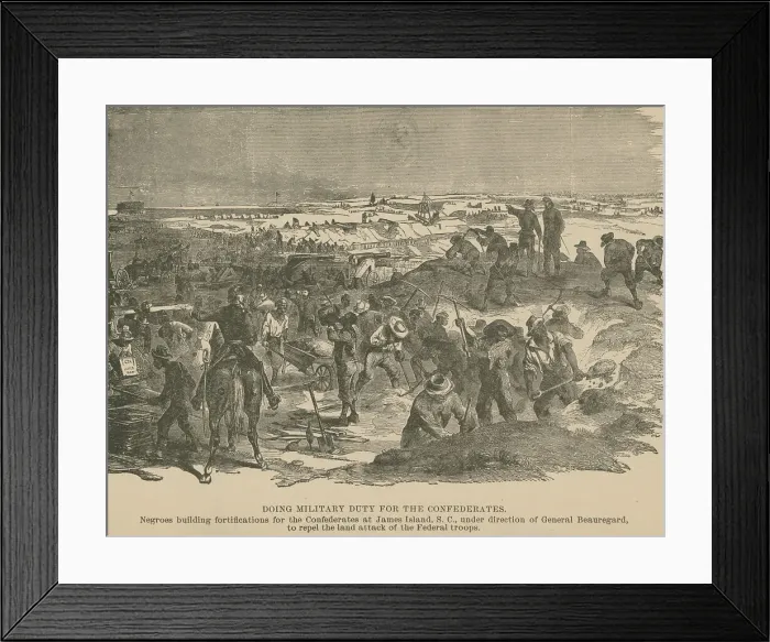 Framed Print : Slaves building Confederate Army fortifications at James Island, Charleston...1863 (Inferred). Creator: Unknown Framed Print : Slaves building Confederate Army fortifications at James Island, Charleston...1863 (Inferred). Creator: Unknown