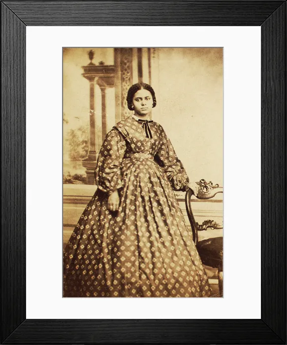Framed Print : Portrait of young woman wearing patterned dress, with bow at neck, c1860. Creator: Coss & Leach. Portrait of young woman wearing patterned dress, with bow at neck, c1860. Creator: Coss & Leach Framed Print : Portrait of young woman wearing patterned dress, with bow at neck, c1860. Creator: Coss & Leach. Portrait of young woman wearing patterned dress, with bow at neck, c1860. Creator: Coss & Leach
