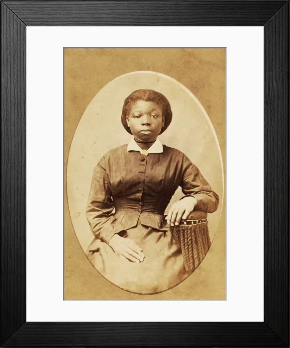 Framed Print : Studio portrait of young woman with thin ribbon around neck, (1880-1889?). Creator: A. T. Hunt Framed Print : Studio portrait of young woman with thin ribbon around neck, (1880-1889?). Creator: A. T. Hunt