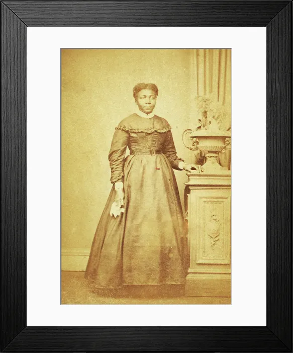 Framed Print : Studio portrait of unidentified woman holding handkerchief, c1860-c1869. Creator: Sims Photograph Gallery Framed Print : Studio portrait of unidentified woman holding handkerchief, c1860-c1869. Creator: Sims Photograph Gallery