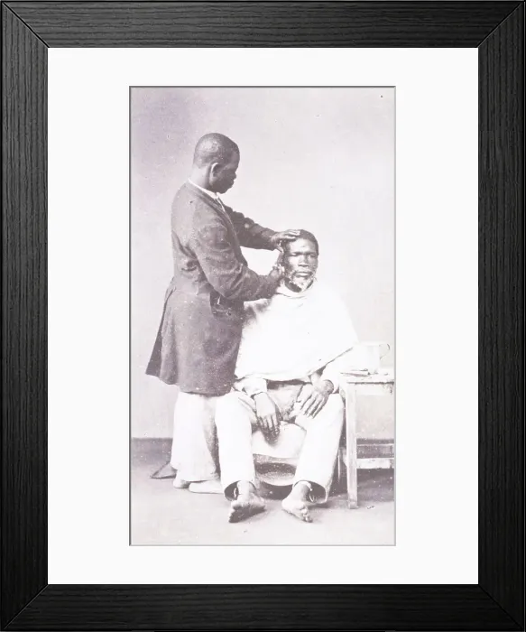 Framed Print : Barber and client, Brazil, 1890 (Inferred). Creator: Unknown Framed Print : Barber and client, Brazil, 1890 (Inferred). Creator: Unknown