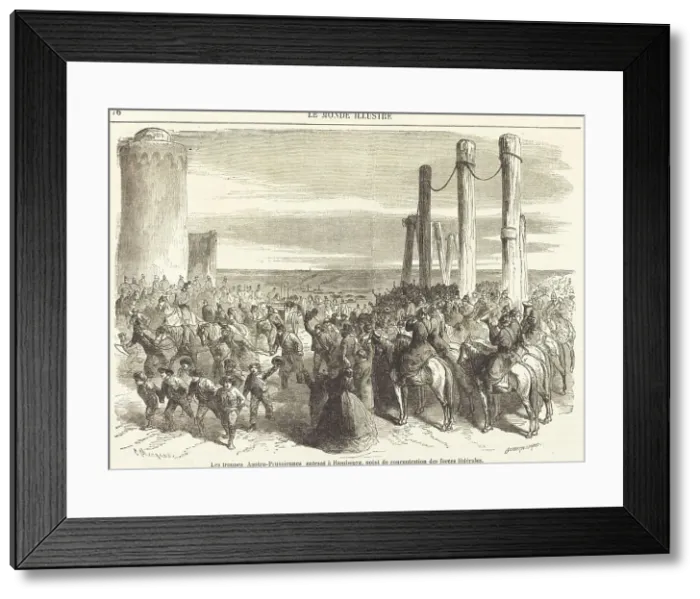 Framed Print : Les troupes Austro-Prussiennes entrant a Hambourg... [top half], published 1864. Creator: Charles Maurand