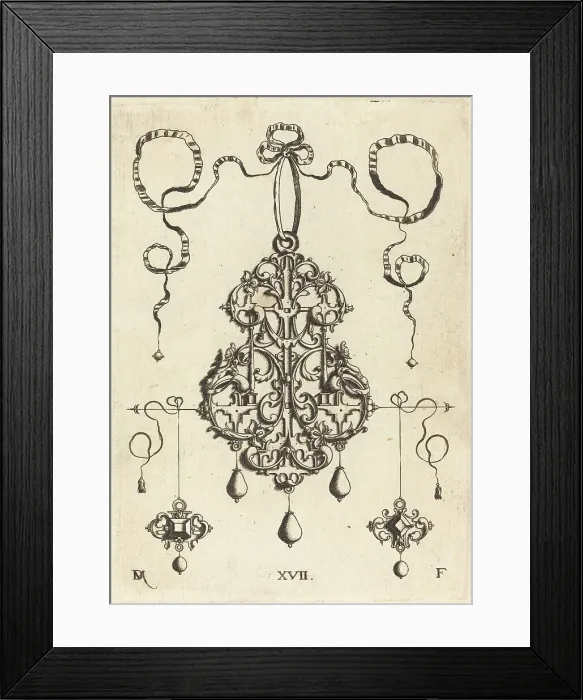 Framed Print : Strapwork Pendant with Two Square Tablestonesas Earrings at Left and Right. Creator: Daniel Mignot Framed Print : Strapwork Pendant with Two Square Tablestonesas Earrings at Left and Right. Creator: Daniel Mignot