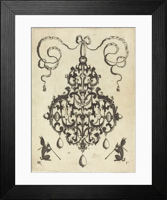 Framed Print : Large Pendant, Two Winged Fantasy Creatures with Trumpets at Bottom, 1596. Creator: Daniel Mignot Framed Print : Large Pendant, Two Winged Fantasy Creatures with Trumpets at Bottom, 1596. Creator: Daniel Mignot