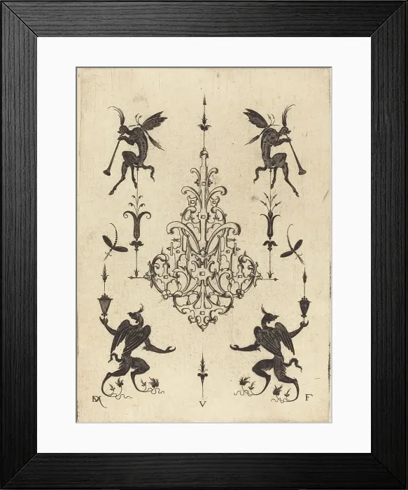 Framed Print : Brooch with Fantasy Creatures Blowing Horns at Top and Winged Griffins at Bottom, 1596. Creator: Daniel Mignot