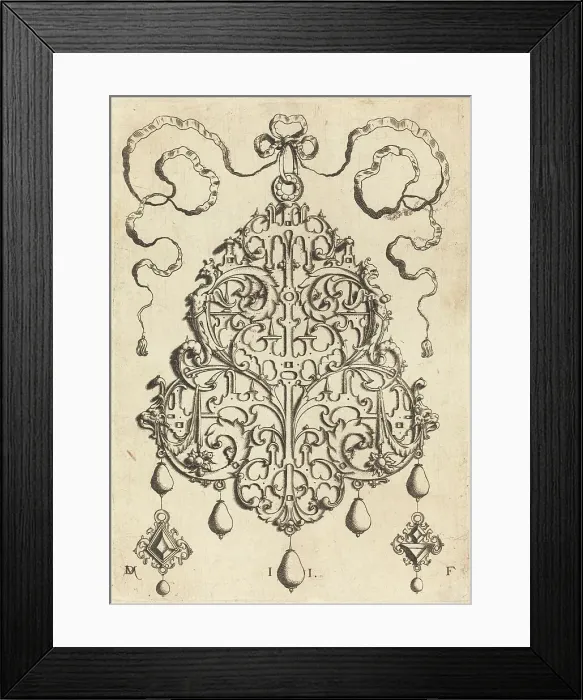 Framed Print : Large Strapwork Pendant with Two Hangers as Earrings at Left and Right. Creator: Daniel Mignot Framed Print : Large Strapwork Pendant with Two Hangers as Earrings at Left and Right. Creator: Daniel Mignot