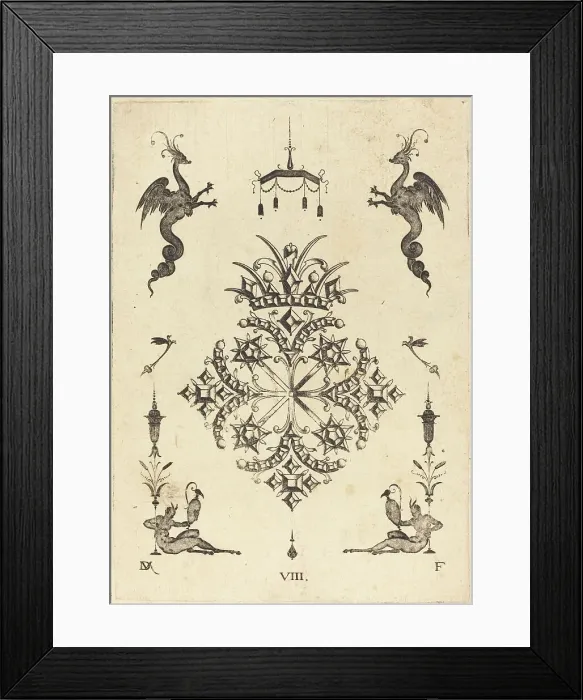 Framed Print : Brooch with Fantasy Animals at Top and Fauns with Vases at Bottom, 1596. Creator: Daniel Mignot Framed Print : Brooch with Fantasy Animals at Top and Fauns with Vases at Bottom, 1596. Creator: Daniel Mignot