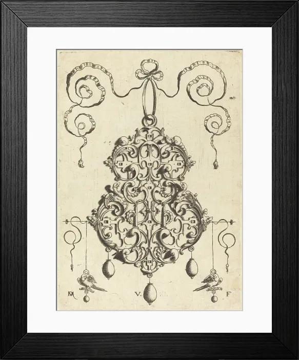 Framed Print : Strapwork Pendant with Two Birds as Earrings at Left and Right. Creator: Daniel Mignot Framed Print : Strapwork Pendant with Two Birds as Earrings at Left and Right. Creator: Daniel Mignot