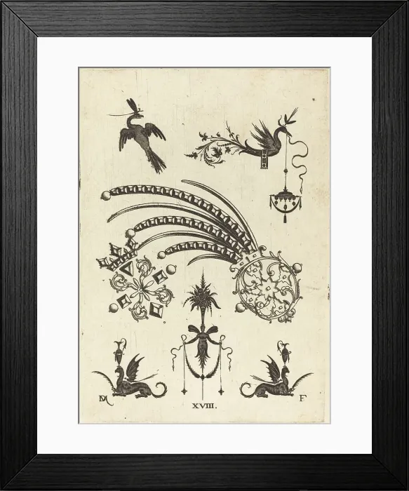 Framed Print : Two Brooches with Bird and Winged Snake at Top and Griffins with Vases at Bottom, 1596. Creator: Daniel Mignot Framed Print : Two Brooches with Bird and Winged Snake at Top and Griffins with Vases at Bottom, 1596. Creator: Daniel Mignot