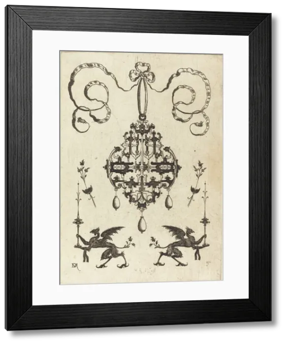 Framed Print : Large Pendant, Lower Left and Right Two Griffins Carrying Fantasy Candlesticks, 1596. Creator: Daniel Mignot Framed Print : Large Pendant, Lower Left and Right Two Griffins Carrying Fantasy Candlesticks, 1596. Creator: Daniel Mignot