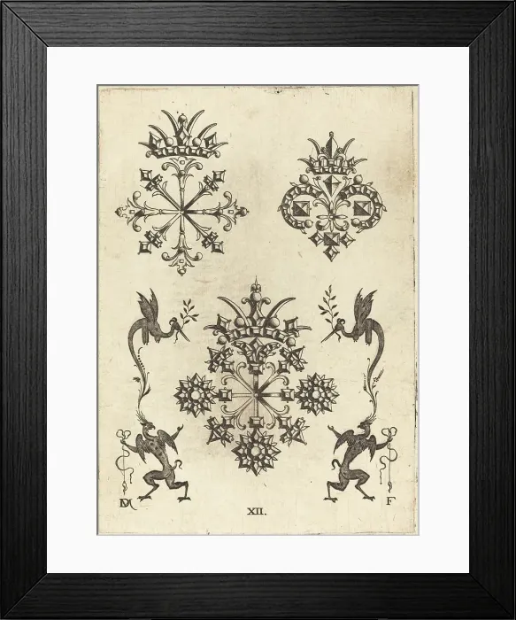Framed Print : Three Brooches with Winged Snakes at Left and Right and Winged Griffins at Bottom, 1596. Creator: Daniel Mignot Framed Print : Three Brooches with Winged Snakes at Left and Right and Winged Griffins at Bottom, 1596. Creator: Daniel Mignot