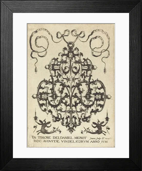 Framed Print : Title Page: Large Pendant, Two Winged Imaginary Figures at Bottom, 1596. Creator: Daniel Mignot Framed Print : Title Page: Large Pendant, Two Winged Imaginary Figures at Bottom, 1596. Creator: Daniel Mignot