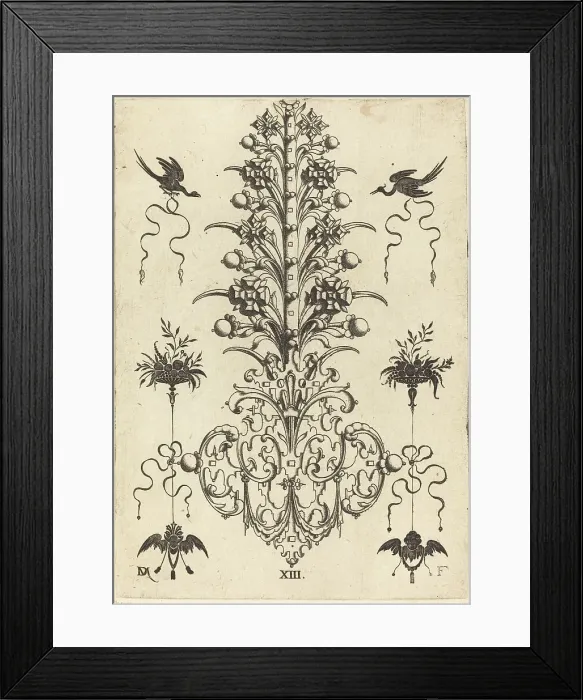 Framed Print : Hyacinth-Shaped Brooch with Birds at Top and Devil's- and Angel's-Head at Bottom, 1596. Creator: Daniel Mignot Framed Print : Hyacinth-Shaped Brooch with Birds at Top and Devil's- and Angel's-Head at Bottom, 1596. Creator: Daniel Mignot