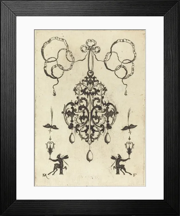 Framed Print : Large Pendant, Lower Left and Right Two Winged Devils Sitting on Pedestals, 1596. Creator: Daniel Mignot. Large Pendant, Lower Left and Right Two Winged Devils Sitting on Pedestals, 1596. Creator: Daniel Mignot