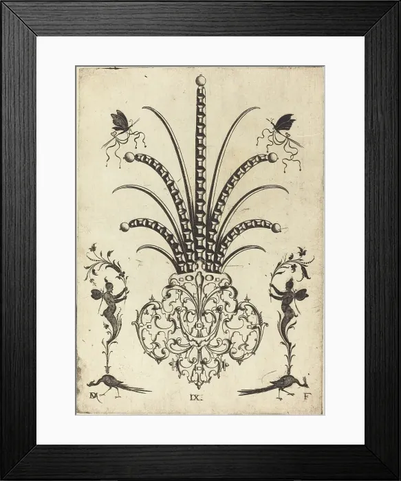 Framed Print : Brooch with Table-Stones, Butterflies at Top, and Peacocks and Hermes at Bottom, 1596. Creator: Daniel Mignot Framed Print : Brooch with Table-Stones, Butterflies at Top, and Peacocks and Hermes at Bottom, 1596. Creator: Daniel Mignot