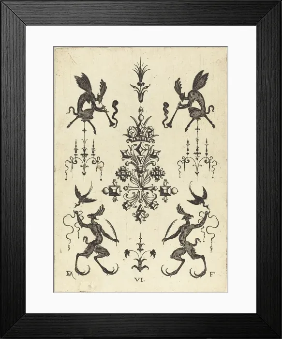 Framed Print : Brooch with Winged Fauns Blowing Trumpets at Top and Fantasy Creatures with Birds... 1596. Creator: Daniel Mignot Framed Print : Brooch with Winged Fauns Blowing Trumpets at Top and Fantasy Creatures with Birds... 1596. Creator: Daniel Mignot