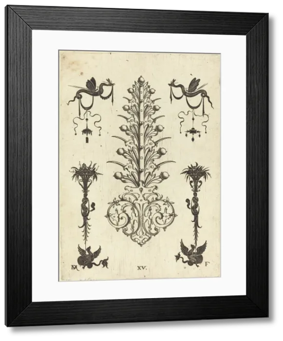 Framed Print : Hyacinth-Shaped Brooch with Winged Snakes at Top and Winged Animals at Bottom, 1596. Creator: Daniel Mignot Framed Print : Hyacinth-Shaped Brooch with Winged Snakes at Top and Winged Animals at Bottom, 1596. Creator: Daniel Mignot