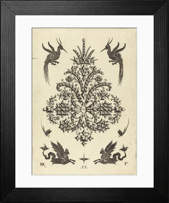 Framed Print : Brooch with Tablestones and Winged Griffins Above and at Bottom, 1596. Creator: Daniel Mignot Framed Print : Brooch with Tablestones and Winged Griffins Above and at Bottom, 1596. Creator: Daniel Mignot