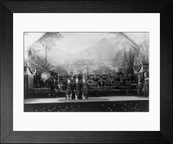 Framed Print : Javanese Gamelan Orchestra and Topeng masked dancers, World's Columbian Expo... Chicago, 1891-1892. Creator: Frances Benjamin Johnston Framed Print : Javanese Gamelan Orchestra and Topeng masked dancers, World's Columbian Expo... Chicago, 1891-1892. Creator: Frances Benjamin Johnston