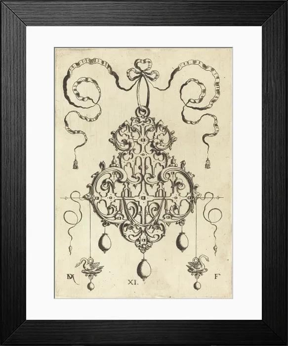 Framed Print : Strapwork Pendant with Two Swans as Earrings at Left and Right. Creator: Daniel Mignot Framed Print : Strapwork Pendant with Two Swans as Earrings at Left and Right. Creator: Daniel Mignot