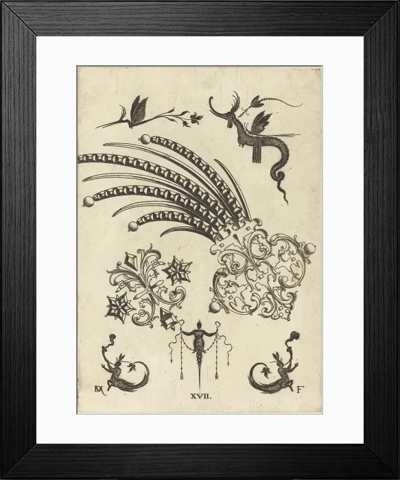 Framed Print : Two Brooches with Dragon and Insects at Top and Human Beings with Snake-like Tails... 1596. Creator: Daniel Mignot Framed Print : Two Brooches with Dragon and Insects at Top and Human Beings with Snake-like Tails... 1596. Creator: Daniel Mignot